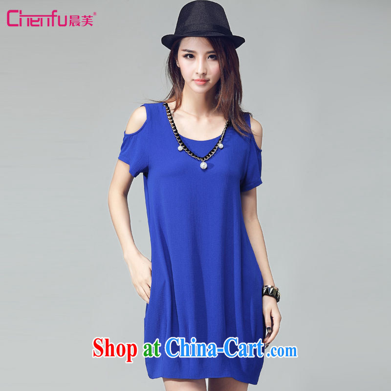 Morning would be 2015 summer new Korea and indeed increase, female fat sister beauty graphics thin round-collar sexy bare shoulders lanterns, with dress blue 4 XL