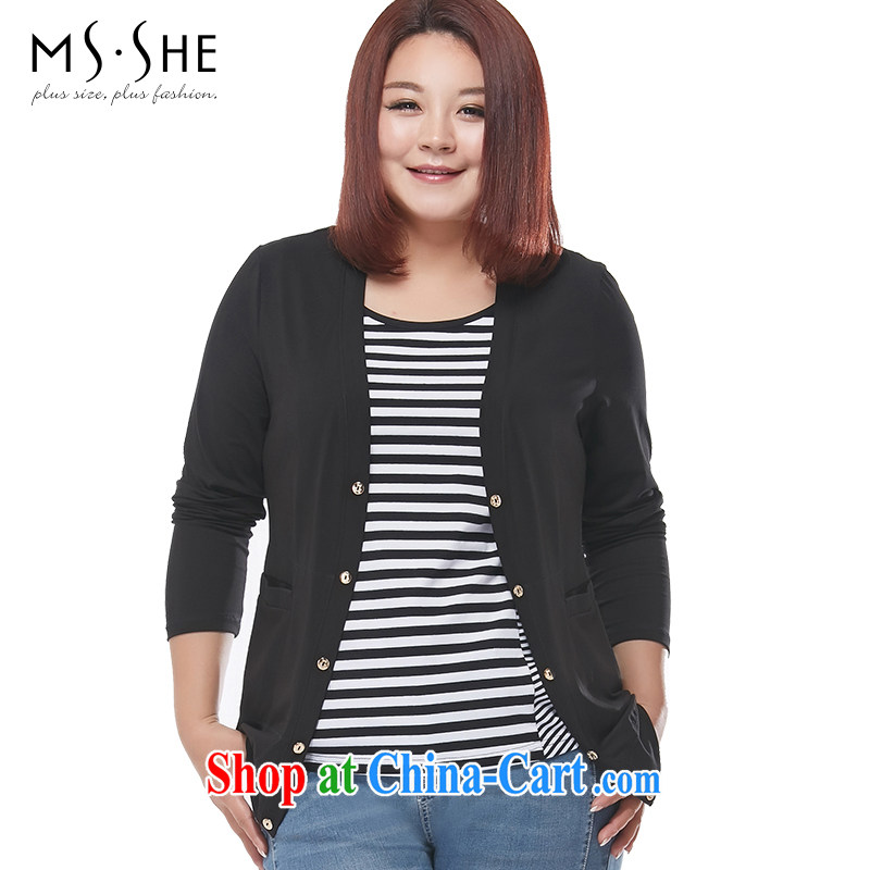 MsShe XL women spring 2015 new Korean style graphics thin beauty cardigan jacket Air Conditioning T-shirt 7127 black 3 XL