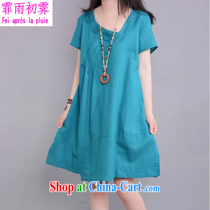Onpress International Rain underglaze early summer 2015 new, larger female thick MM short-sleeved leisure solid-colored loose flowers lake-blue the necklace XL _suitable for weight 140 - 160_