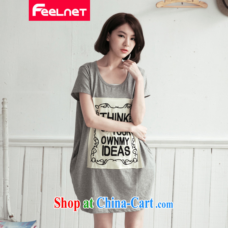 feelnet Korean version summer is the girl with thick mm long version cultivating embroidered zip letter short-sleeve T-shirt 2177 _ large gray code 5 XL