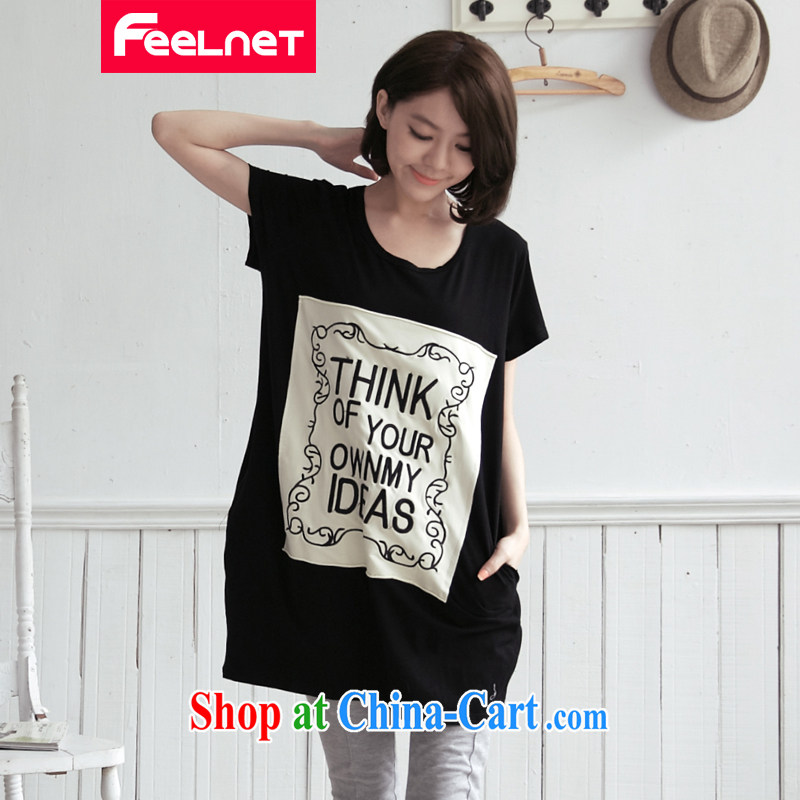 feelnet Korean version summer is the girl with thick mm long version cultivating embroidered zip letter short-sleeve T-shirt 2177 & large gray code 5 XL, FeelNET, shopping on the Internet