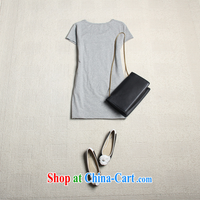 feelnet Korean version summer is the girl with thick mm long version cultivating embroidered zip letter short-sleeve T-shirt 2177 & large gray code 5 XL, FeelNET, shopping on the Internet
