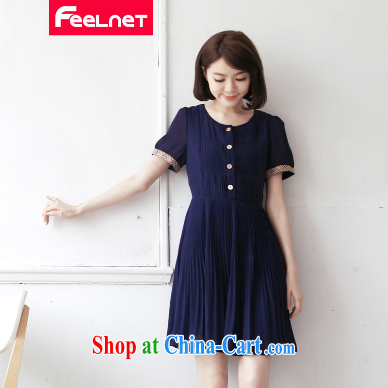 feelnet Korean version XL women mm thick summer new, short-sleeve 100_ high waist snow woven dresses 1439 large blue code 6 XL