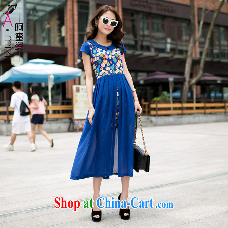 The honey beauty mm thick larger female new summer Korean style graphics thin the forklift truck long snow-woven dresses women 8983 blue XL
