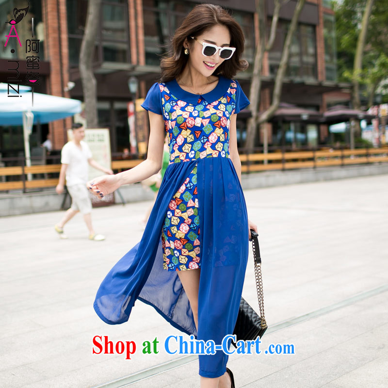The honey colorful thick mm larger women's clothing new summer Korean style graphics thin on the truck long snow-woven dresses women 8983 blue XL, honey, and, shopping on the Internet