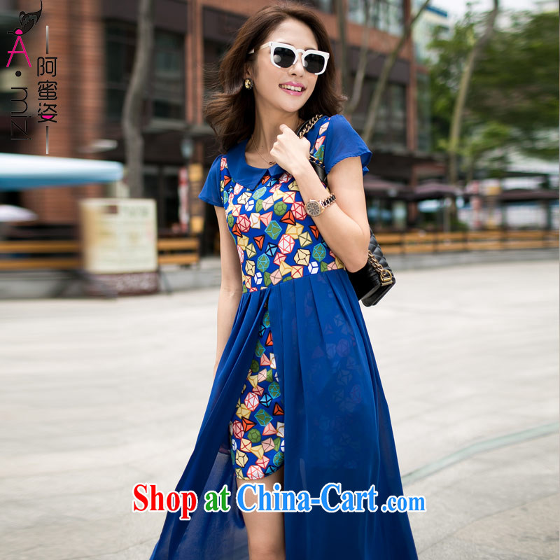 The honey colorful thick mm larger women's clothing new summer Korean style graphics thin on the truck long snow-woven dresses women 8983 blue XL, honey, and, shopping on the Internet
