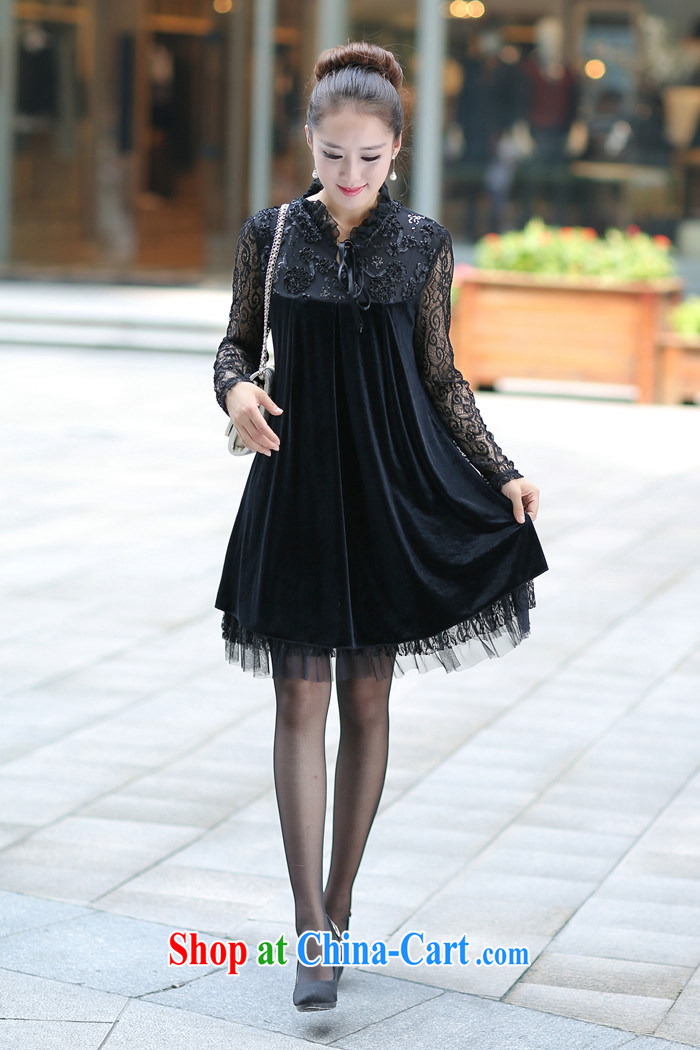 2014 Spring and Autumn and the Code female new thick MM gold velour lace stitching long-sleeved dresses black XXXXL pictures, price, brand platters! Elections are good character, the national distribution, so why buy now enjoy more preferential! Health
