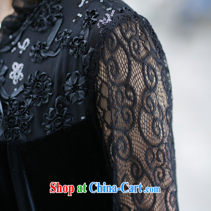 2014 Spring and Autumn and the Code's new thick MM gold velour lace stitching long-sleeved dresses black XXXXL, Biao (BIAOSHANG), the Code women, shopping on the Internet