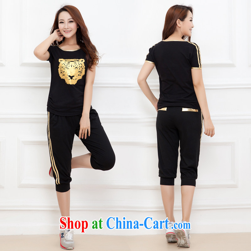 mm thick summer 2014 new, larger female thick sister sport and leisure package short-sleeve 7 pants tiger head of black gold 5 XL, increase the US, shopping on the Internet