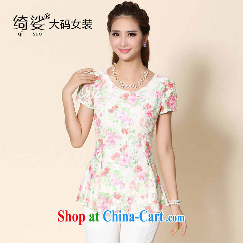 cheer for 2014 XL girls with thick MM summer new lace shirt thick sister graphics thin large short-sleeved flower T pension number 2150 apricot 5 XL