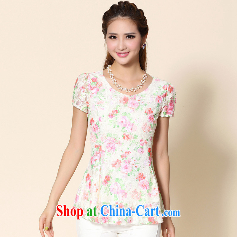 Cross-sectoral provision 2014 XL girls with thick MM summer new lace shirt thick sister graphics thin large short-sleeved flower T pension number 2150 apricot 5 XL, cross-sectoral provision (qisuo), online shopping