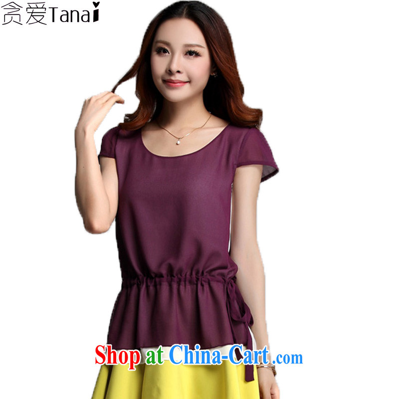 Loved Korean relaxed Elasticated waist knocked color snow woven leave of two big, female summer thick, short-sleeved T-shirt T pension3530 Magenta XXXXL