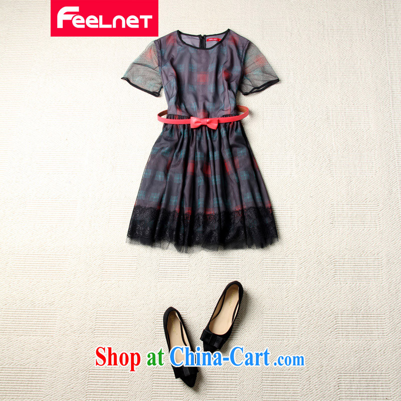 feelnet Korean version XL women mm thick summer wear new short-sleeved Web yarn plaid print dress, belt 200 black large code 6 XL