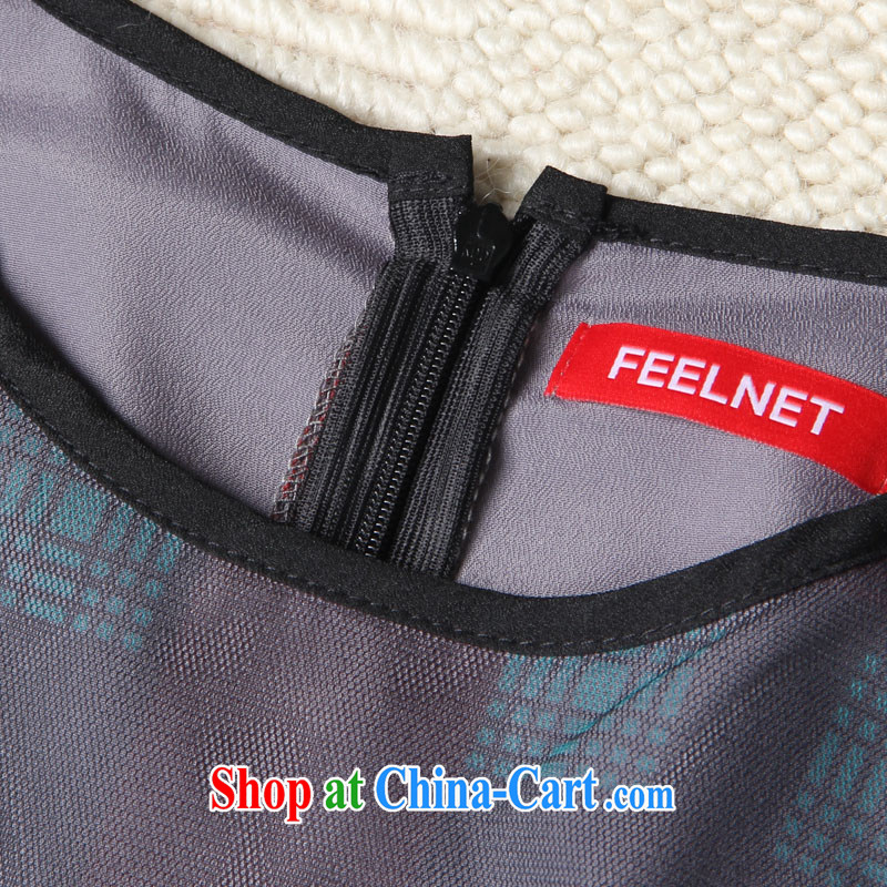 feelnet Korean version XL women mm thick summer wear new short-sleeved Web yarn plaid print dress, belt 200 black large code 6 XL, FeelNET, shopping on the Internet