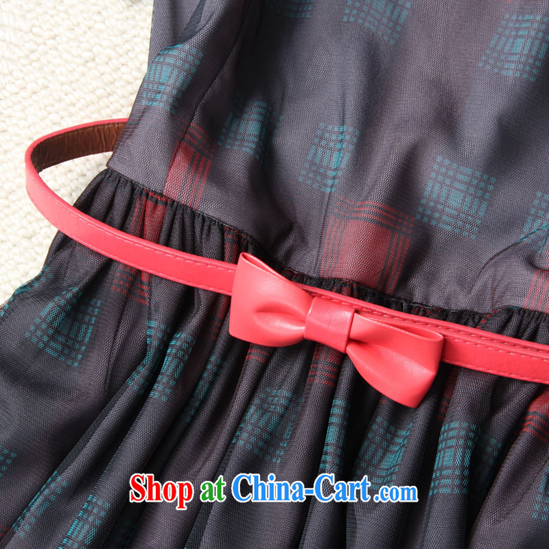 feelnet Korean version XL women mm thick summer wear new short-sleeved Web yarn plaid print dress, belt 200 black large code 6 XL, FeelNET, shopping on the Internet