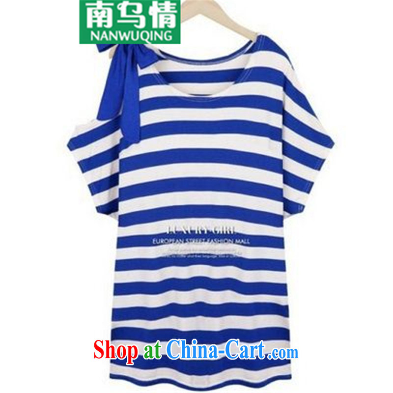 The South and the Code female thick summer T-shirt fat sister and indeed increase, short-sleeved cotton blue striped XXXL
