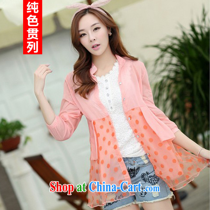 Pure color has always been the 2015 summer new, larger female, long jacket transparent air-conditioned shirts sunscreen clothing pink XXL