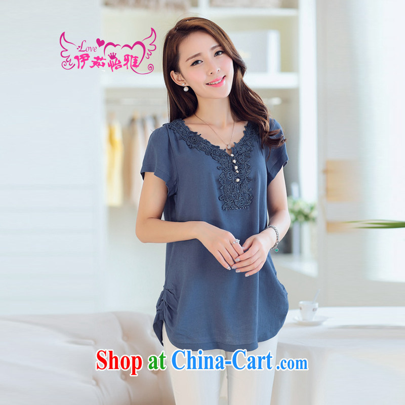 The Ju-Yee Nga summer new thick sister graphics thin short-sleeved larger women Commission cotton shirt T YY 77,189 ink blue XXXL