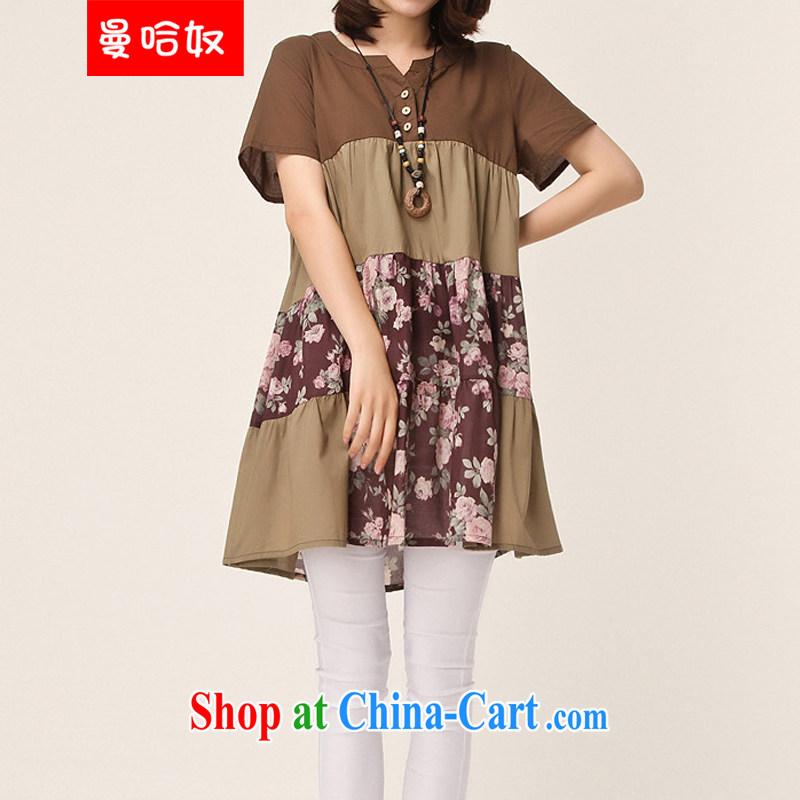 Cayman, slavery 2015 summer new female Korean version on the MM code female floral loose stitching short-sleeved solid dresses female brown XXL, the Slave (Manhanu), online shopping