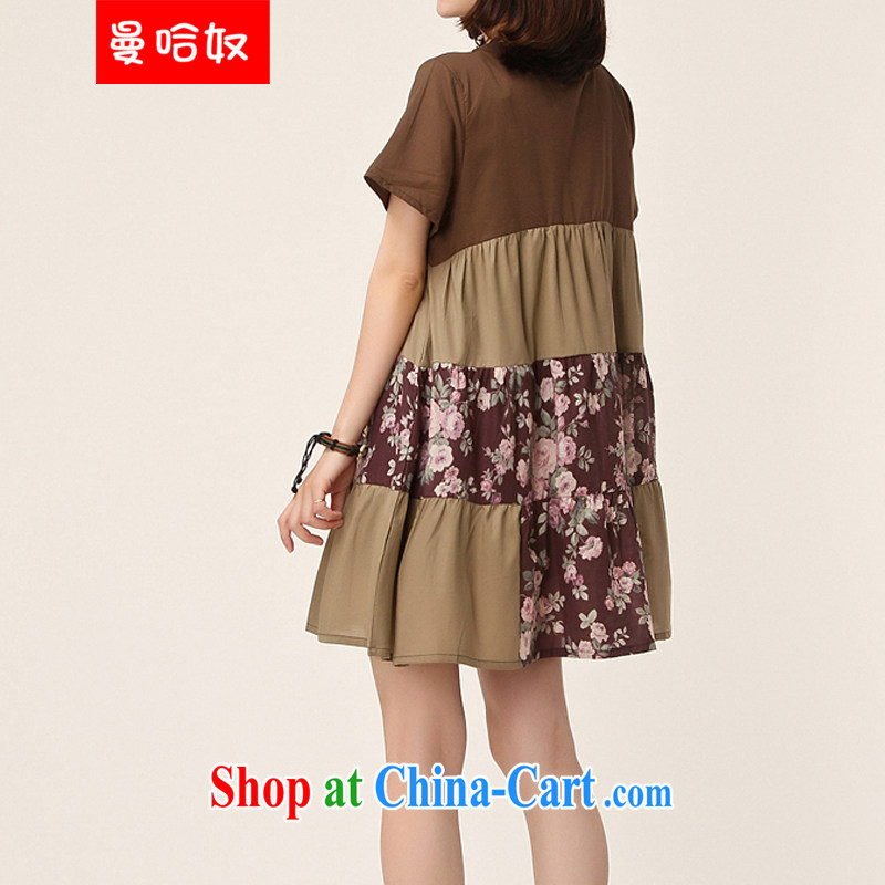 Cayman, slavery 2015 summer new female Korean version on the MM code female floral loose stitching short-sleeved solid dresses female brown XXL, the Slave (Manhanu), online shopping
