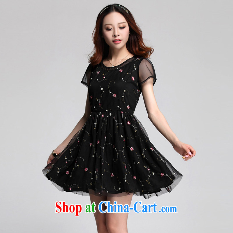 Loved fat people, women with thick mm summer New Rose embroidered short sleeves video thin European root dress 3533 black XXXXL, loved (Tanai), online shopping