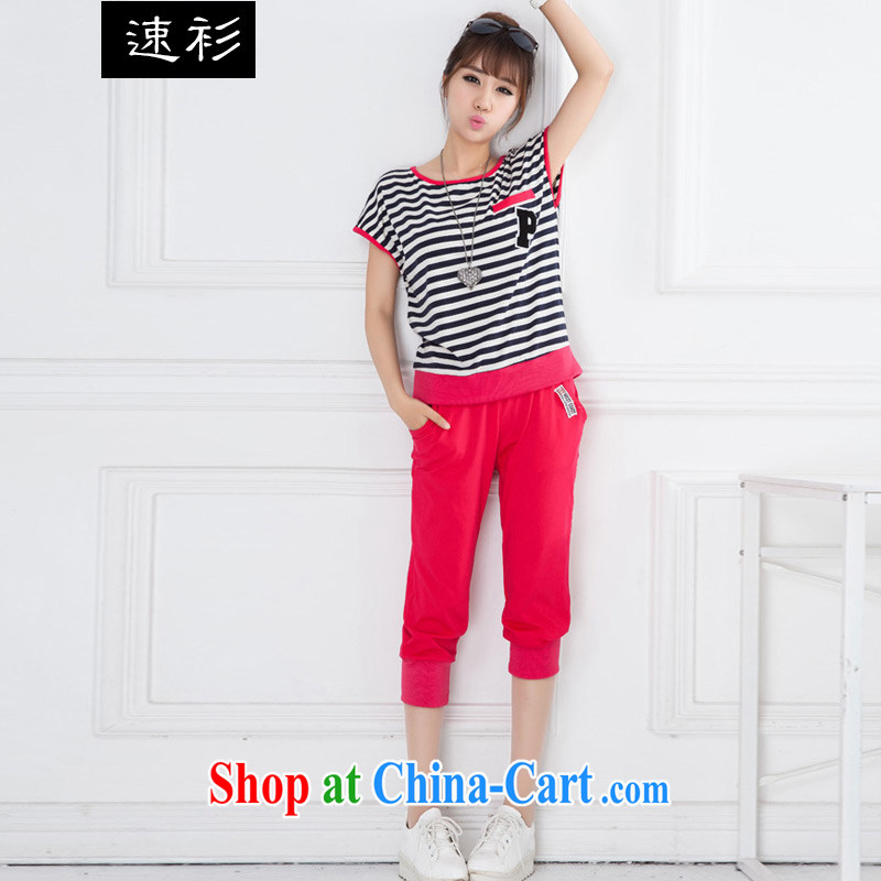 Speed T-shirt 2015 the code female summer with pocket striped short-sleeved T shirts 7 pants pants in two-piece sport and leisure package S 3826 red XXXL