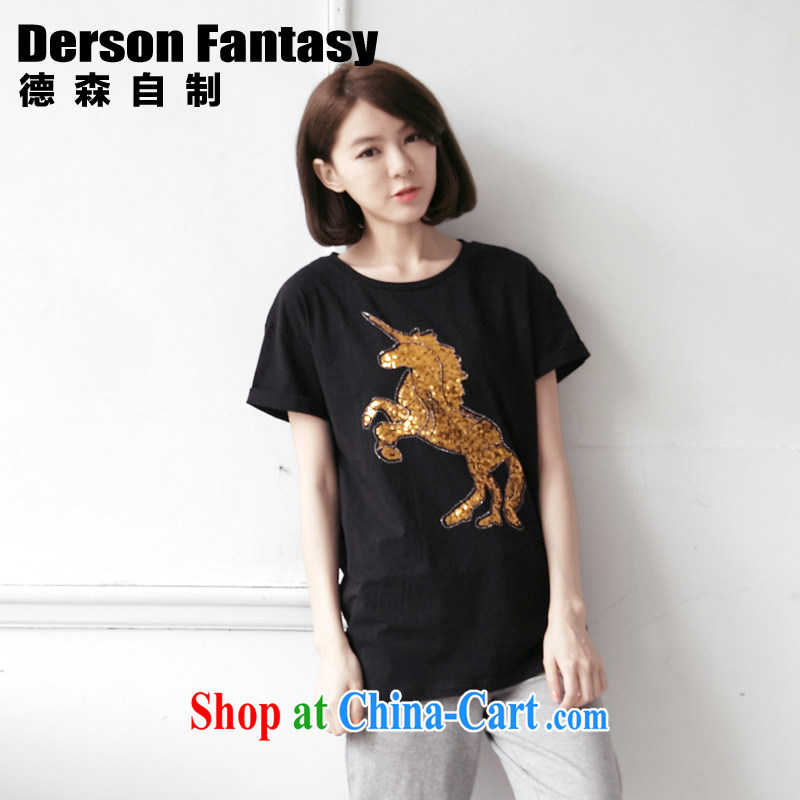 anderson, homemade Korean female sweet summer new 2014 loose short-sleeve girls T-shirt 2163 black 6 XL code