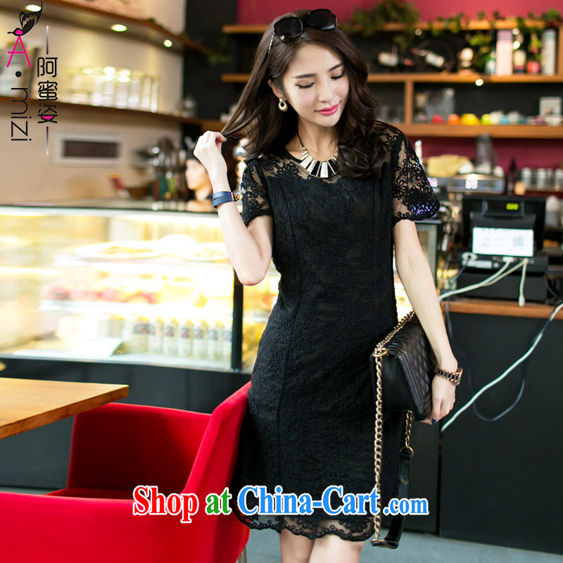 The honey and diverse large code female thick MM Korean new summer beauty aura video thin short-sleeved lace dresses women 8558 black XXXL, honey, and, shopping on the Internet