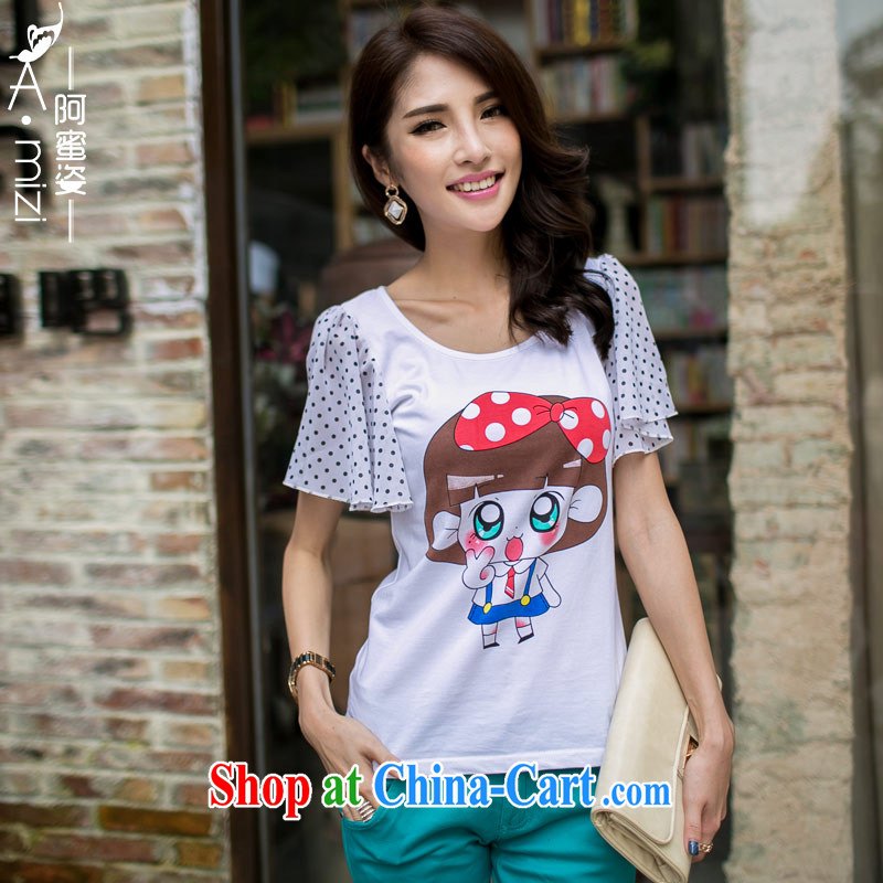 The honey beauty summer mm thick larger female sweet lovely stamp stretch cotton Summer Snow woven cuff T shirt T-shirt woman 9106 white XL, the honey, and the Code women, online shopping