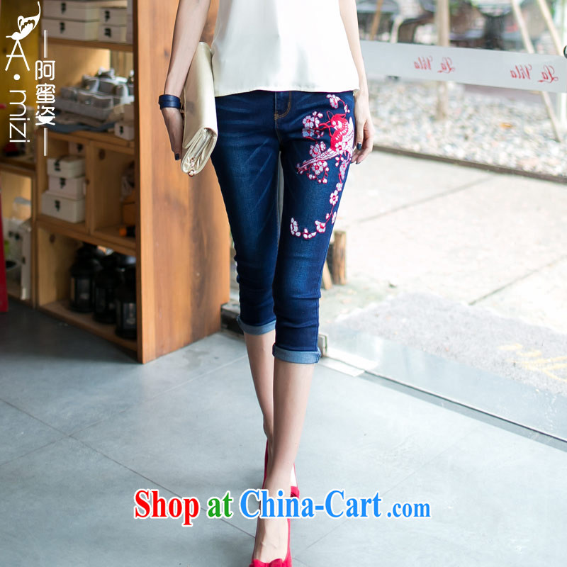 The honey and diverse thick mm maximum code female summer Ethnic Wind embroidery Flower Spring beauty thin 7 jeans women 8751 dark blue XXXL, honey, and, shopping on the Internet