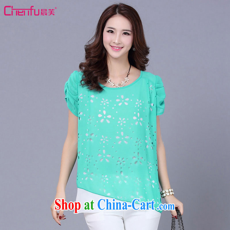 Morning would be summer 2015 New, and indeed increase, female fat MM Korean style laser flower Openwork snow woven shirts snow woven shirts T shirt large green code 5 XL