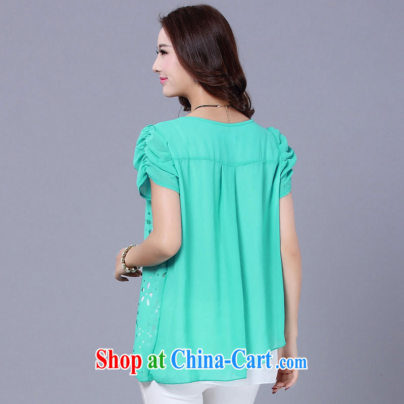 Morning would be summer 2015 New, and indeed increase, female fat MM Korean style laser flower Openwork snow woven shirts snow woven shirts T shirt large green code 5 XL, morning, and shopping on the Internet