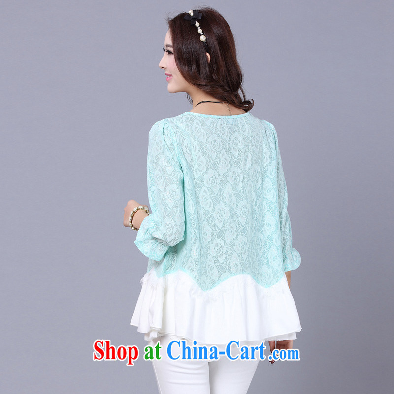 Morning would be 2015 summer New, and indeed increase, female fashion lady thick mm video thin sweet retro 7 cuff lace stitching snow woven shirts large green code 4 XL, morning, and shopping on the Internet