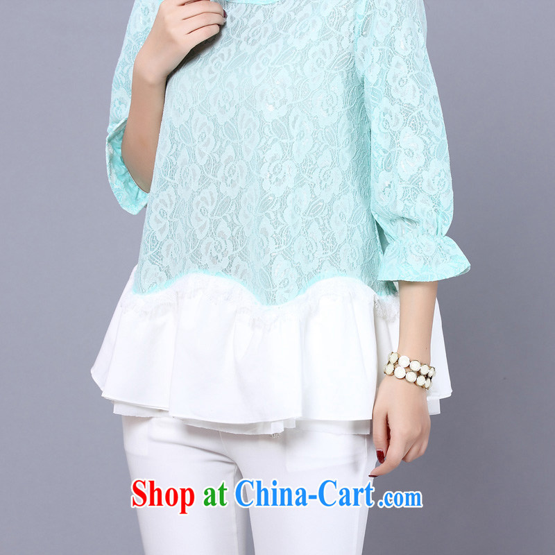 Morning would be 2015 summer New, and indeed increase, female fashion lady thick mm video thin sweet retro 7 cuff lace stitching snow woven shirts large green code 4 XL, morning, and shopping on the Internet