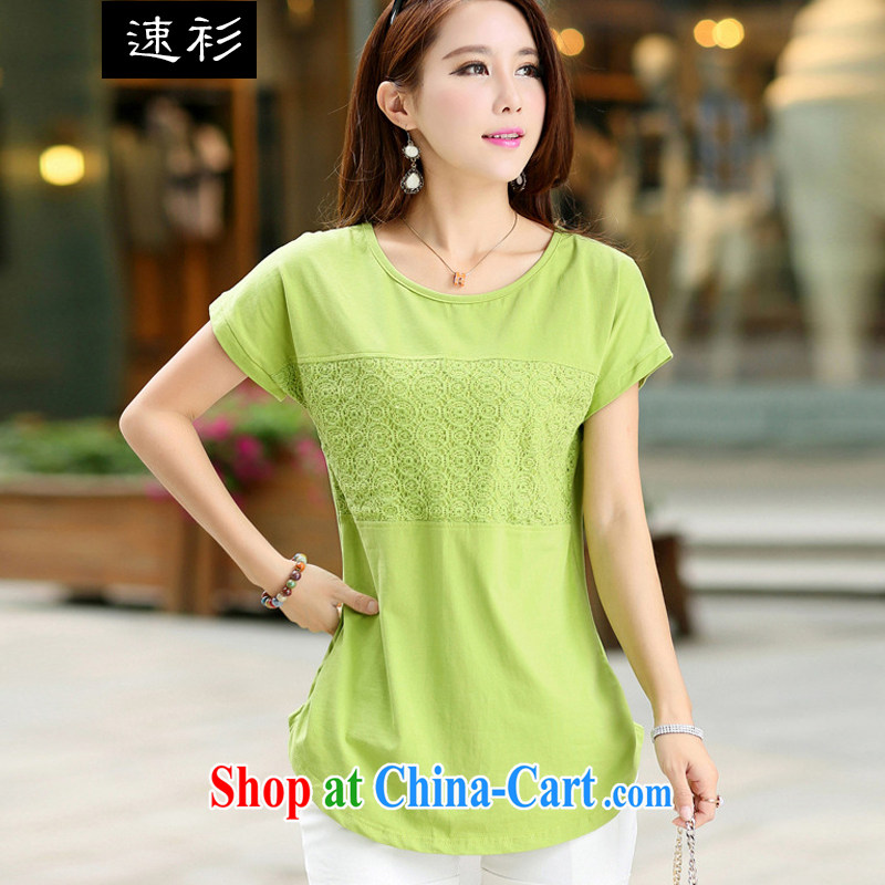 Speed T-shirt 2015 summer larger female Lace Embroidery stitching thick MM bat sleeves, long, short-sleeved cotton shirt T S 7046 green XXXXL