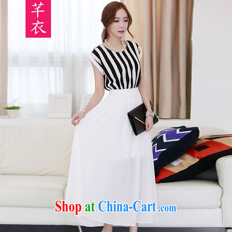 Constitution and the hypertrophy, thick, long skirt 2015 new Korean bat sleeves stripes stitching snow woven skirts thick sister black-and-white classic-waist graphics thin dresses white 4XL