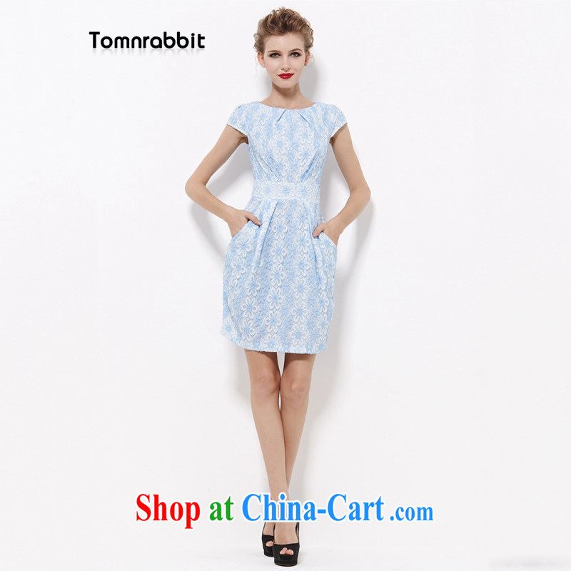 2014 Tomnrabbit new Europe and indeed the XL female lace floral dress thick sister summer B 14 244 light blue XXXXL