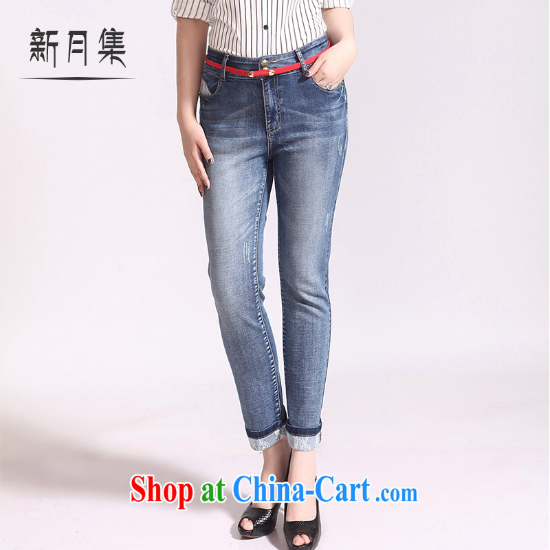 Crescent sets the code women 9 blue jeans pants waist high graphics thin hip hiding meat cultivation lace thick MM large code and pants blue 34
