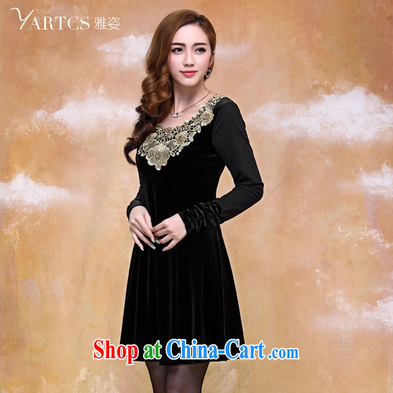 Colorful, Autumn 2014 the new dress code the girls long-sleeved style gold velour graphics thin larger dresses A 8103 black 5 XL