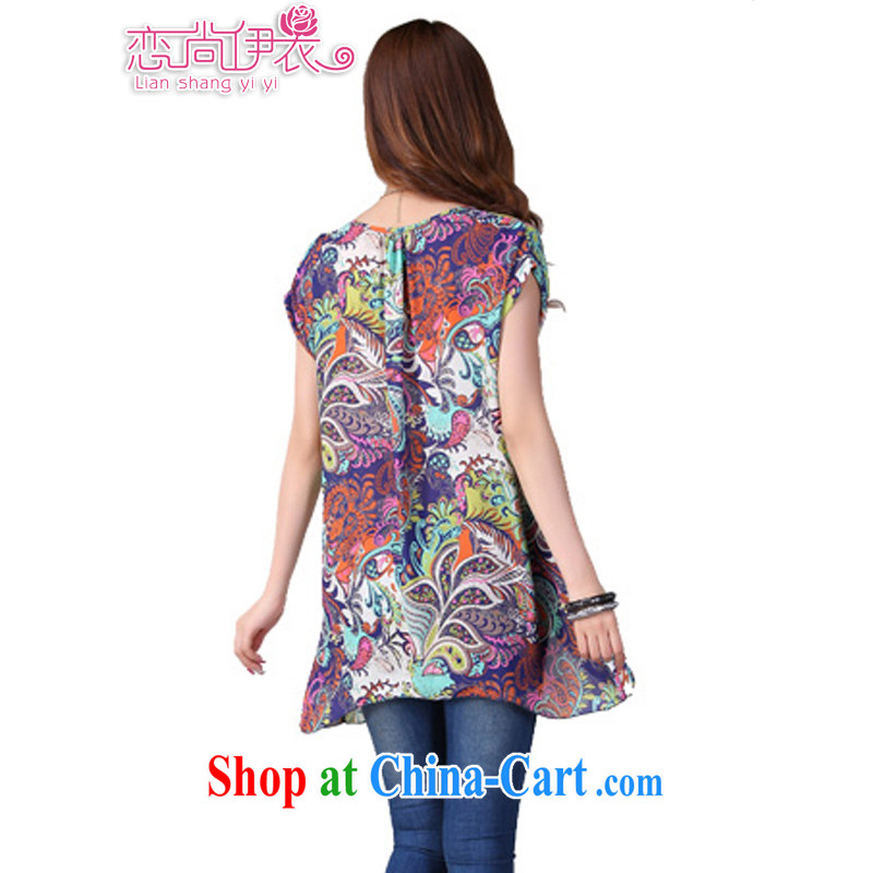 The delivery package as soon as possible by the fat increase, female snow woven shirts 2014 summer, Retro totem stamp short-sleeved gown thick mm video blue 3 XL approximately 155 - 175 jack, land is still the garment, shopping on the Internet