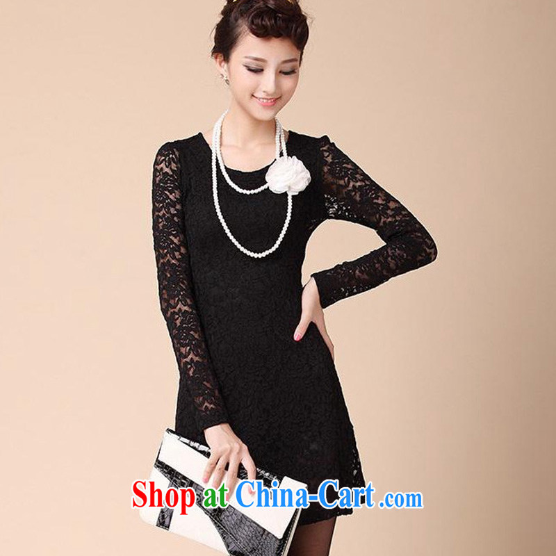 Surplus may fall 2014 Korean version the code female dresses stylish lace-mm thick solid long-sleeved dress beauty graphics thin QZ 1093 black M - Quality fabrics