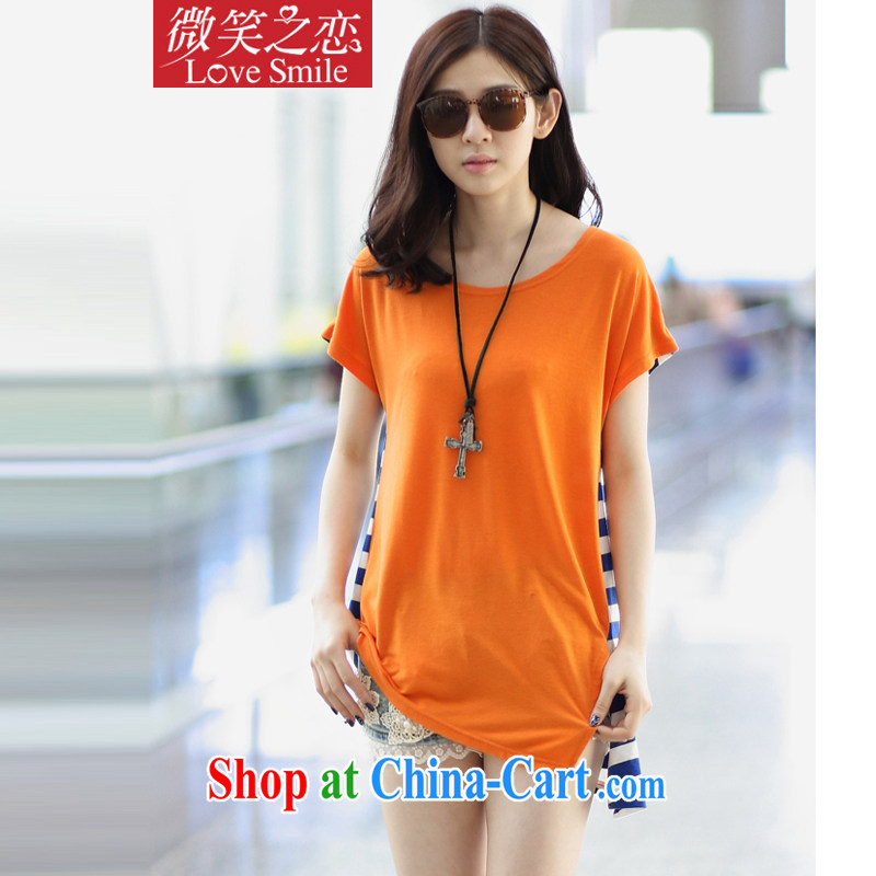 Smile love 2015 summer new Korean female loose stitching striped short-sleeved shirt T 836 Orange + streaks XXXL _suitable for 161 - 180 jack