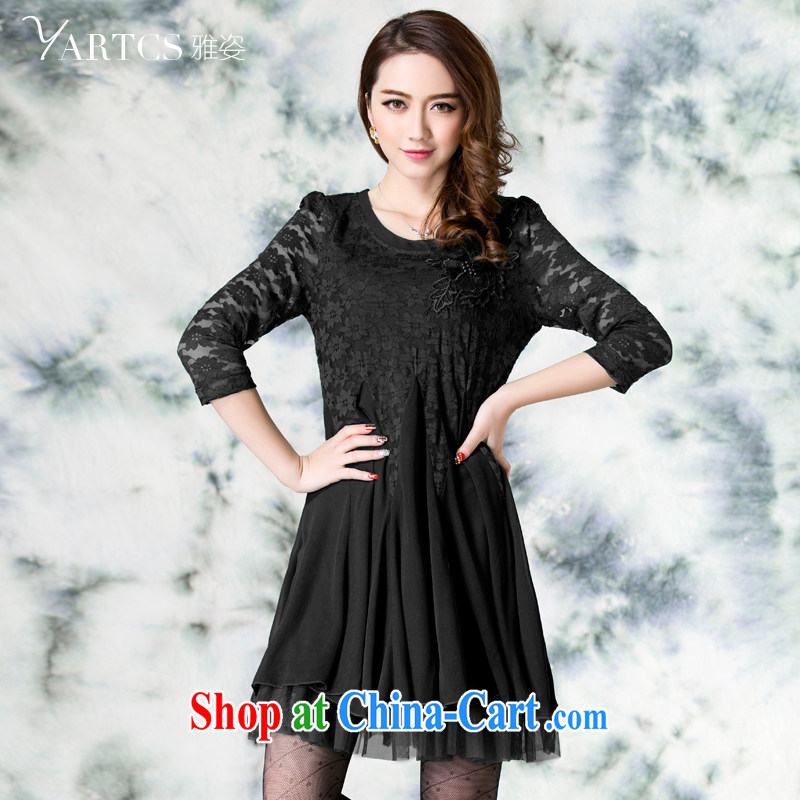 Colorful, larger women fall 2014 with new thick sister retro lace stitching 7 cuff dress A 1560 black 2 XL