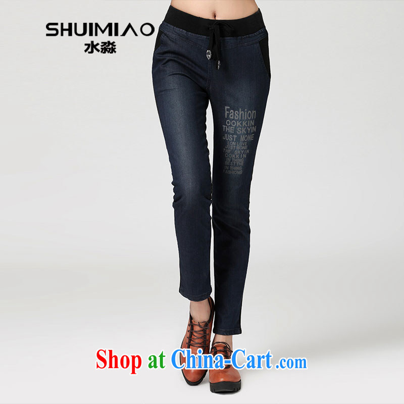 Water Fall of new Korean cotton stitching jeans 2014 larger female stamp graphics thin trousers QW 2399, possession XXL