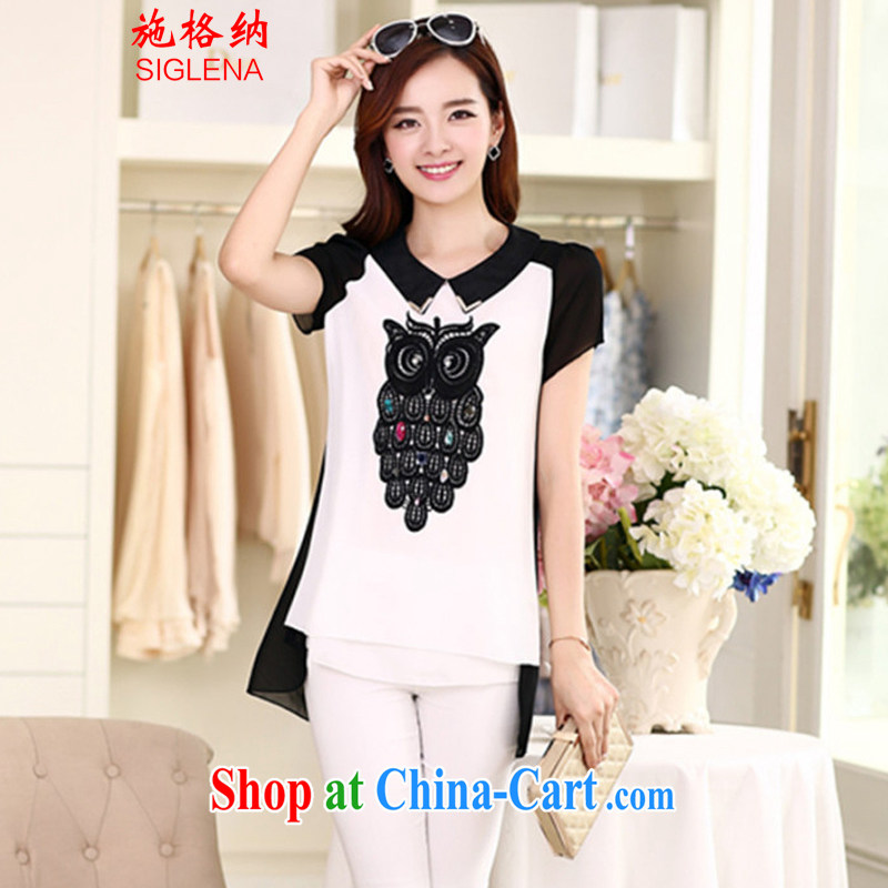 Rate the 2015 new and indeed XL thick MM cultivating short-sleeved clothes snow woven shirts summer stitching, long owl thick T-shirt 5004 black XXXL