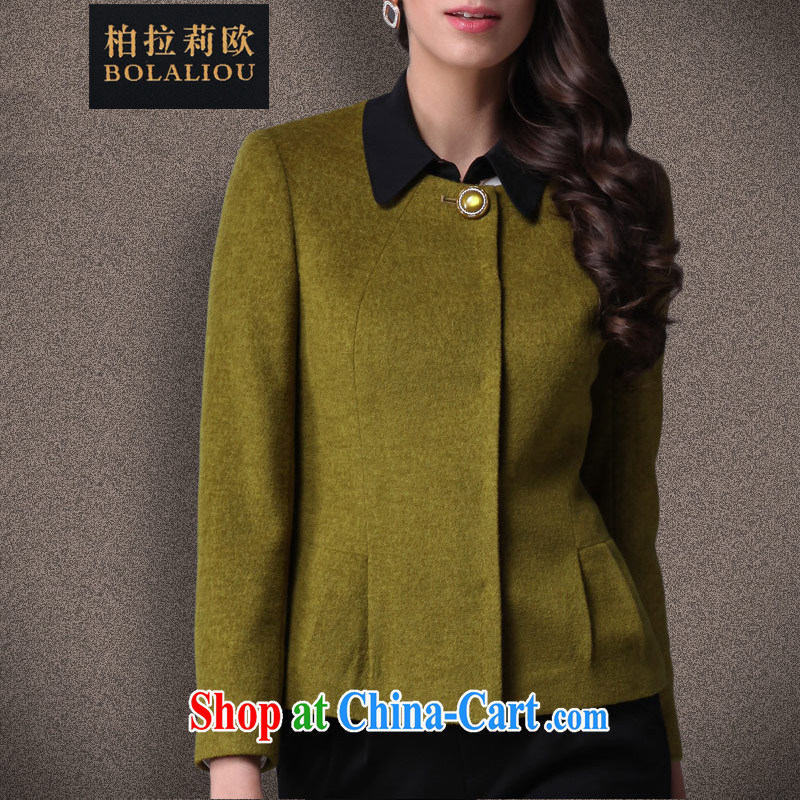 Bo-li European Women 2015 spring new product elegance beauty wool? round-neck collar jacket female 81,191 mustard green XL