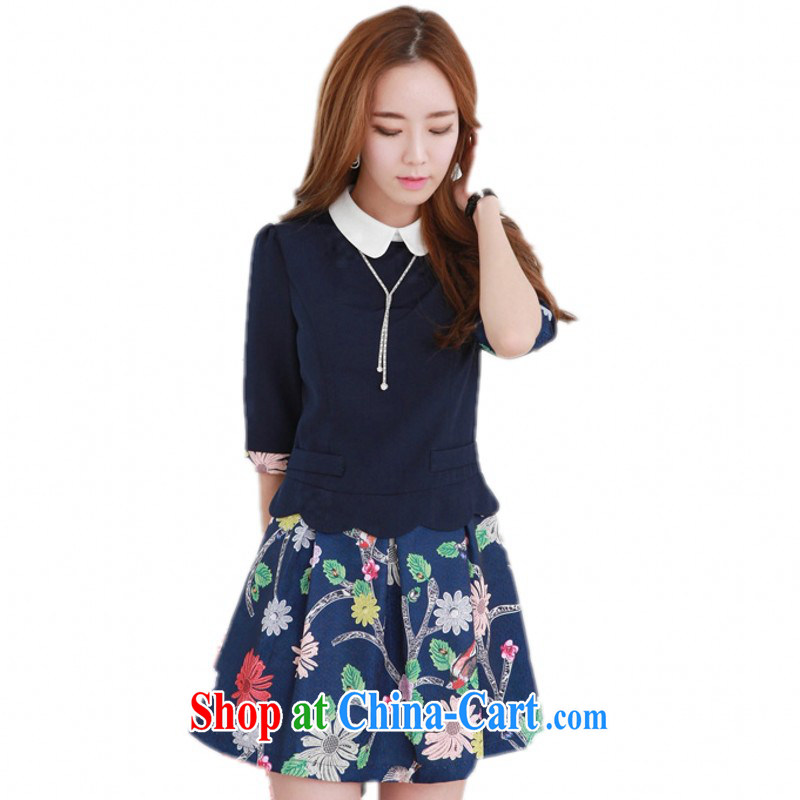 The package mail 2015 spring new sweet lapel leave two-piece cuff in dress XL stamp shaggy short skirts OL graphics thin lady skirt blue 4 XL approximately 165 - 180 jack