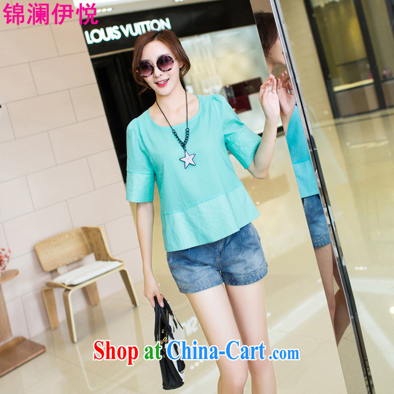kam world the Hyatt summer new female Korean version loose the code with the collar candy colored A fields, with the cuff stitching cotton T shirt small T-shirt T-shirt snow woven shirts dolls T-shirt blue color XXL