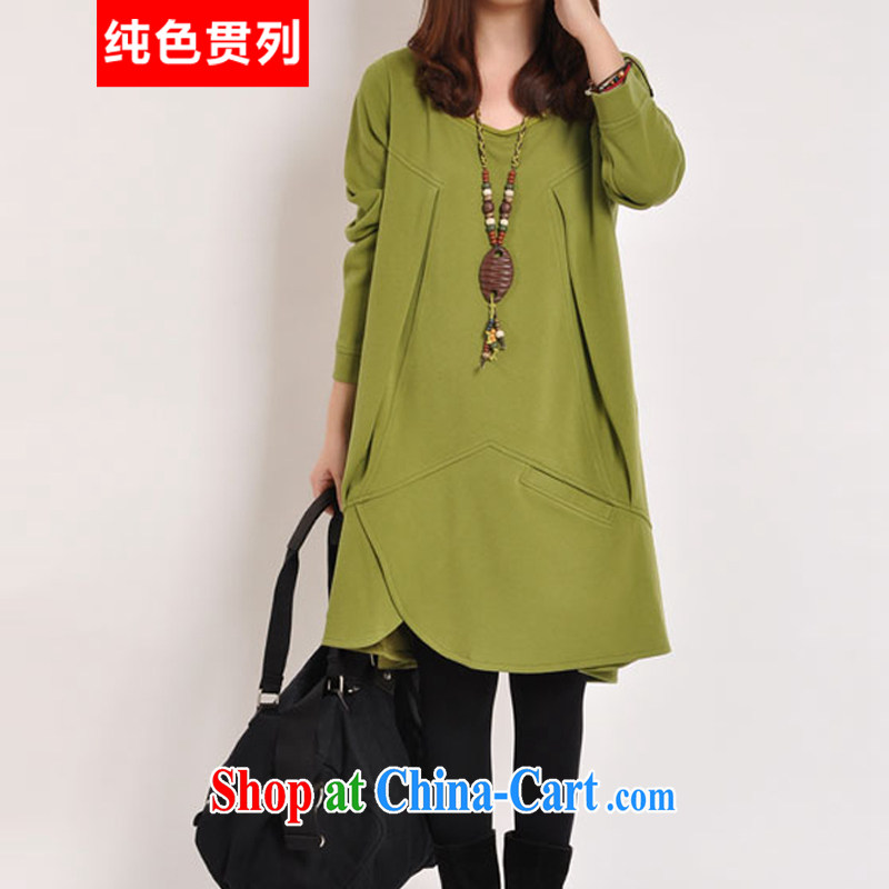 Solid color consistently list spring 2015 new women's clothing new, larger female thick mm ripstop taffeta overlay style graphics thin large pocket long-sleeved loose dress green XL