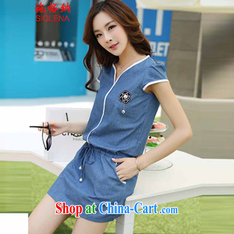 Rate the 2015 summer new Korean version thick MM XL female beauty half sleeve, denim dress female double-yi skirt leisure 5190 deep blue denim XXL